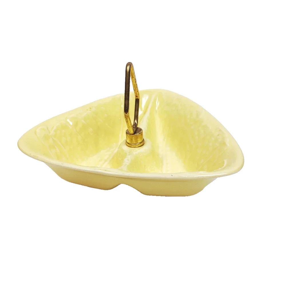 MCM California Pottery Yellow Divided Relish Nut Dish Candy Bowl w Metal Handle